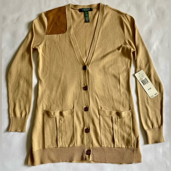 Ralph Lauren Lightweight Camel Cardigan Hunting Shoulder Patch Size Petite. New! - Picture 1 of 7